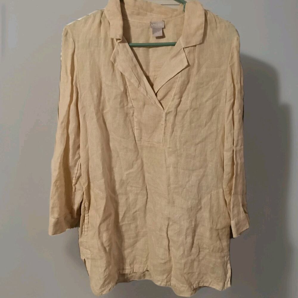 Chicos 100% Linen Blouse Beige Sz. 8/10 Minimalist Classic Long Sleeve Pockets